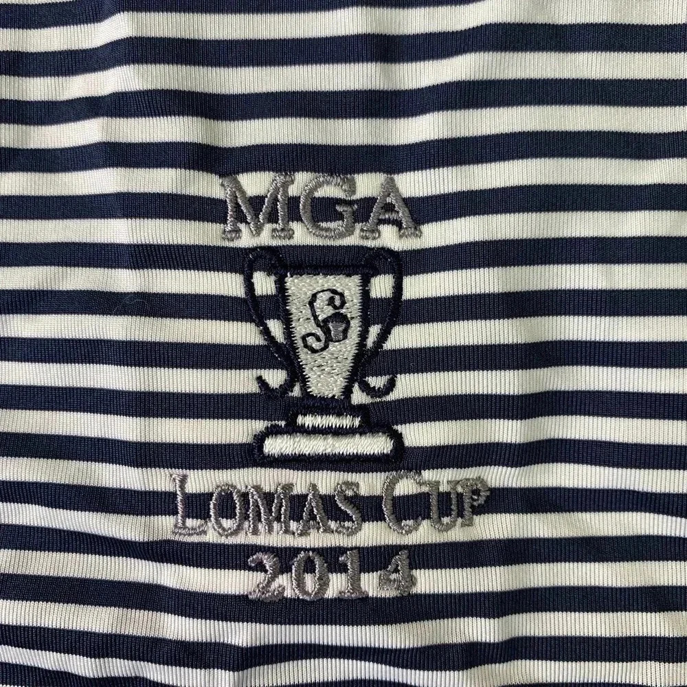 FootJoy FJ Striped Navy Athletic Polo Golf Shirt Men Size L MGA Lomas Cup 2014 - Picture 5 of 13